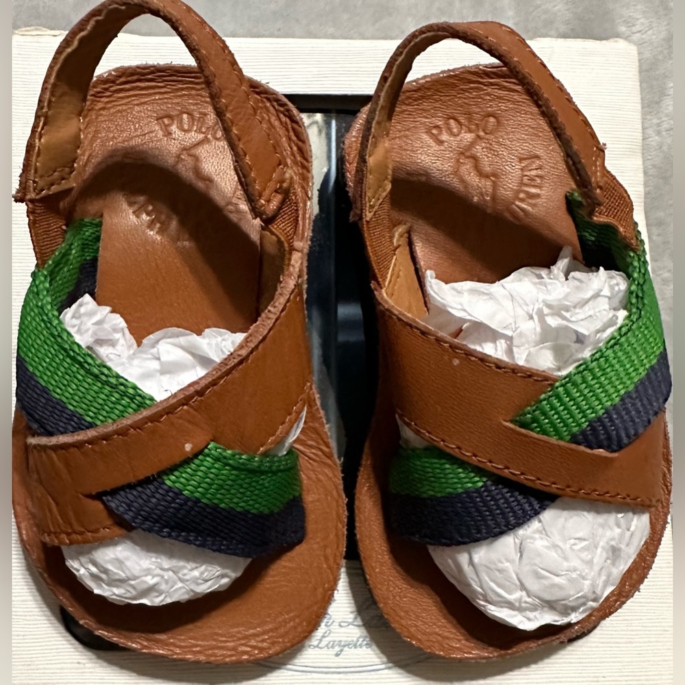 (61)-🔥 Vintage Polo Ralph Lauren Brown Sandals SZ US 3😎 Blue And Green Strap💚
